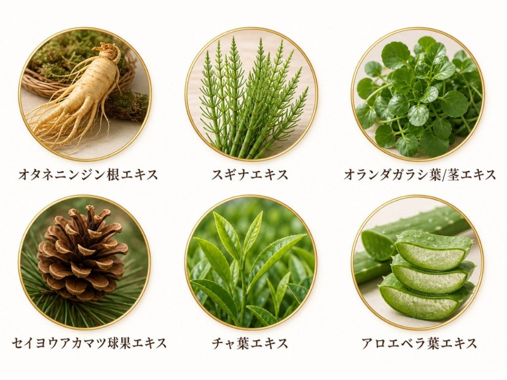 植物系成分6種：オタネニンジン根エキス、スギナエキス、オランダガラシ葉/茎エキス、セイヨウアカマツ球果エキス、チャ葉エキス、アロエベラ葉エキス